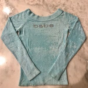 Bebe fuzzy sweater with rhinestones